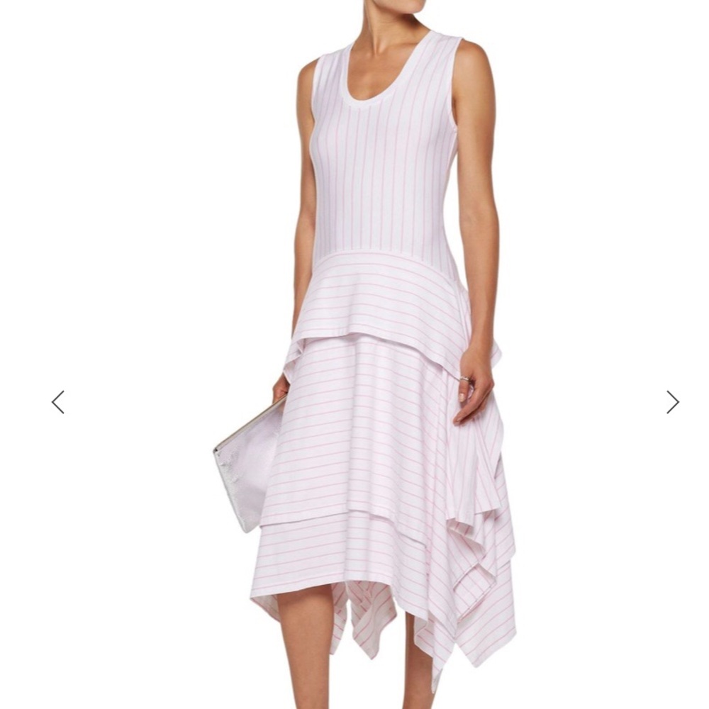 Asymmetric layered striped jersey midi dress